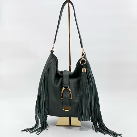 Gilli Genuine Leather Fringe Shoulder Bag – Green Hobo Tote with Tassel Detail - Picture 16 of 16